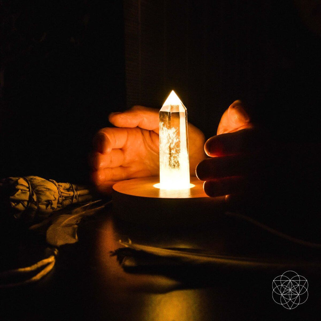 Clear Quartz Ambient Lamp – Handcrafted Wooden Base