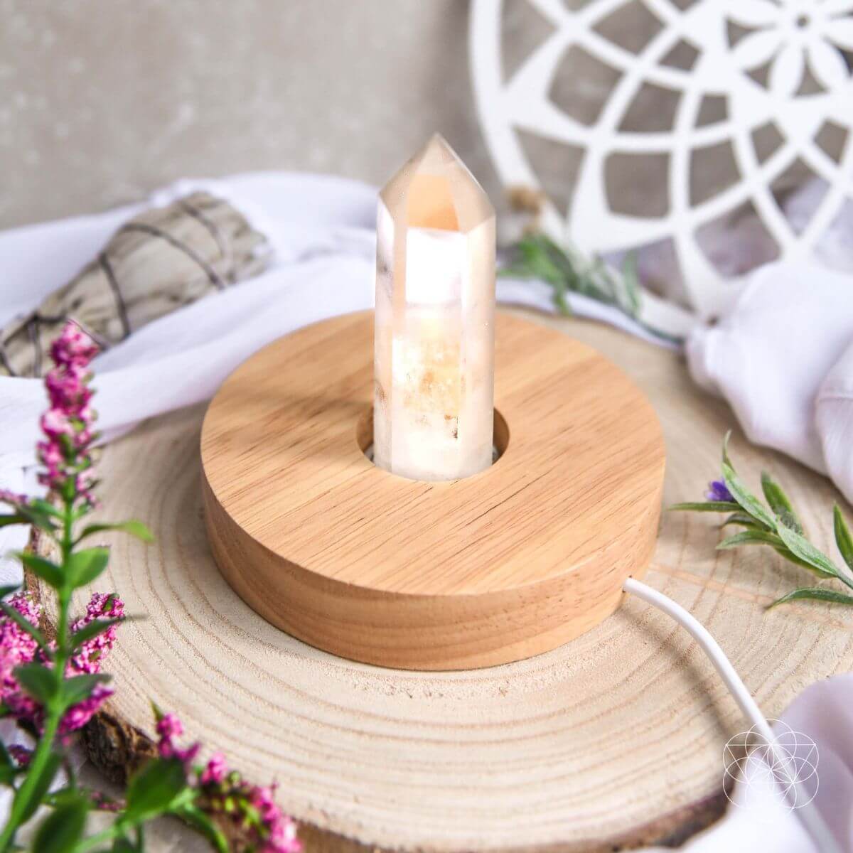 Clear Quartz Ambient Lamp – Handcrafted Wooden Base