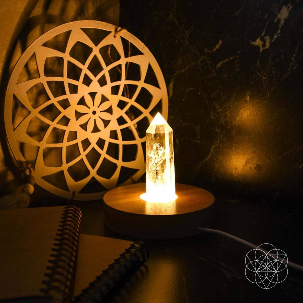 Clear Quartz Ambient Lamp – Handcrafted Wooden Base