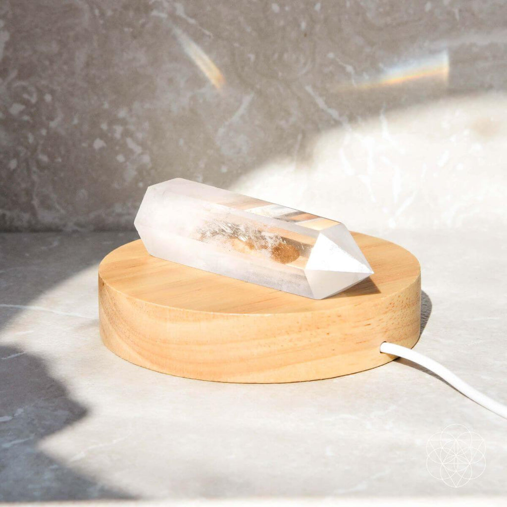 Clear Quartz Ambient Lamp – Handcrafted Wooden Base
