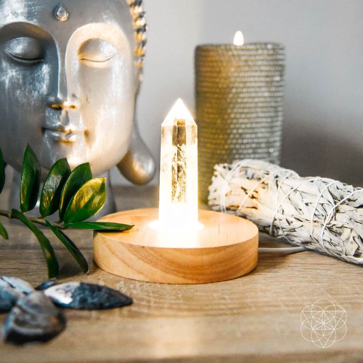 Clear Quartz Ambient Lamp – Handcrafted Wooden Base