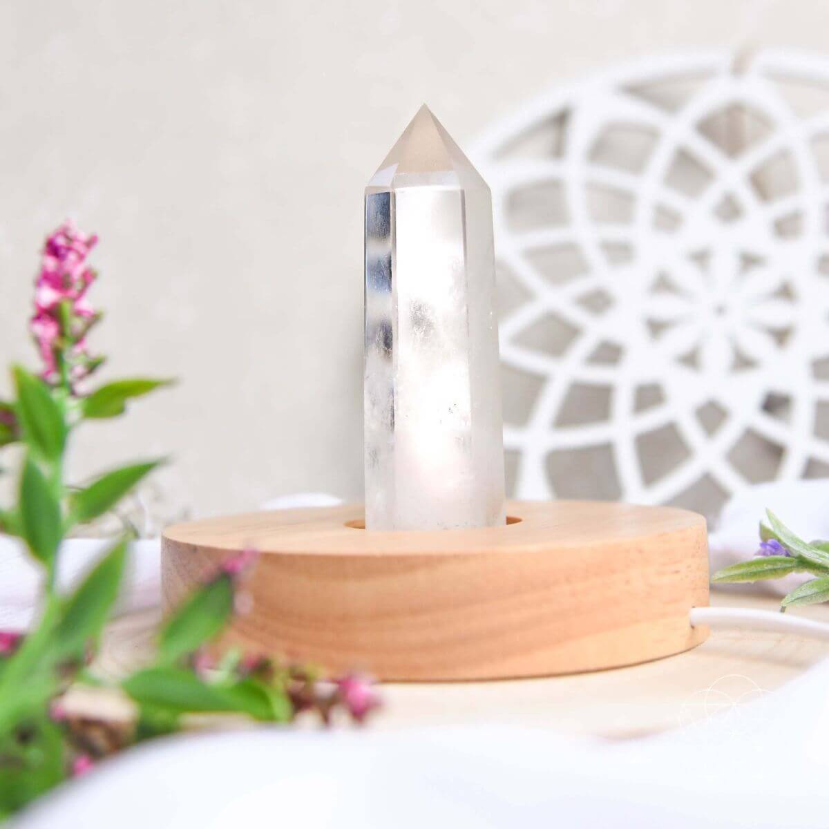Clear Quartz Ambient Lamp – Handcrafted Wooden Base